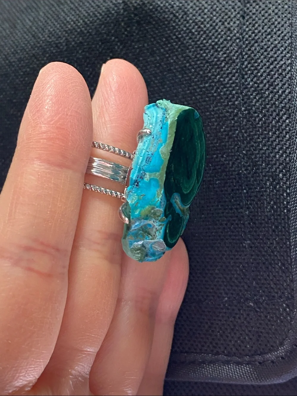 Natural Chrysocolla Malachite Raw Crystal Cluster Statement Ring - Picture 6 of 10